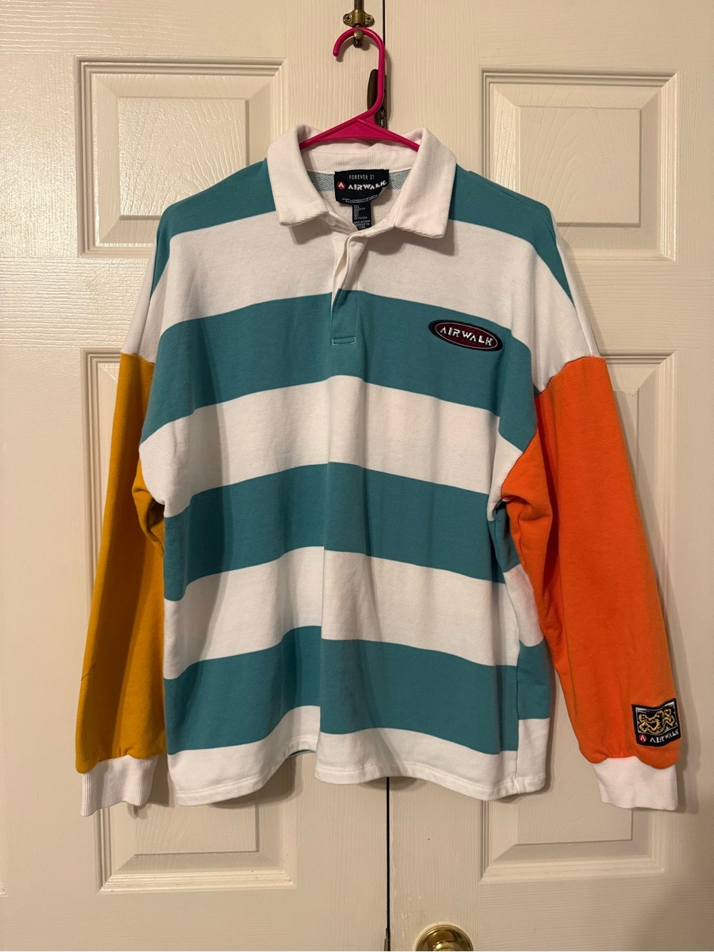 Airwalk Men’s Teal, White, Orange & Mustard Striped Rugby Polo